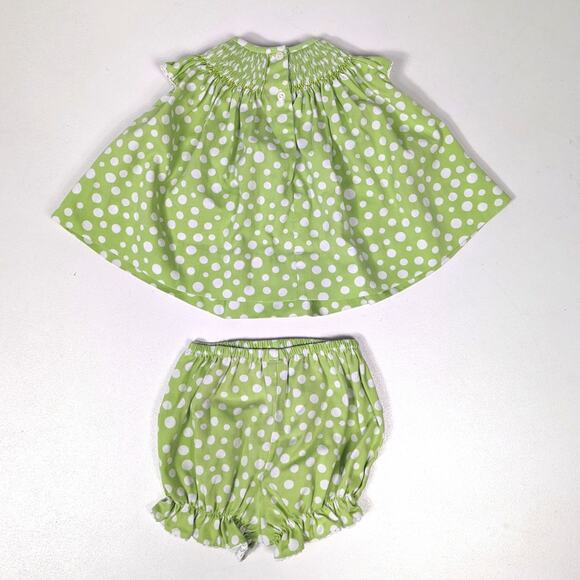 Amanda Remembered Outfit Baby Girl Sz 3m Green Polka Dot Sandal Smocked Boutique - Picture 4 of 6